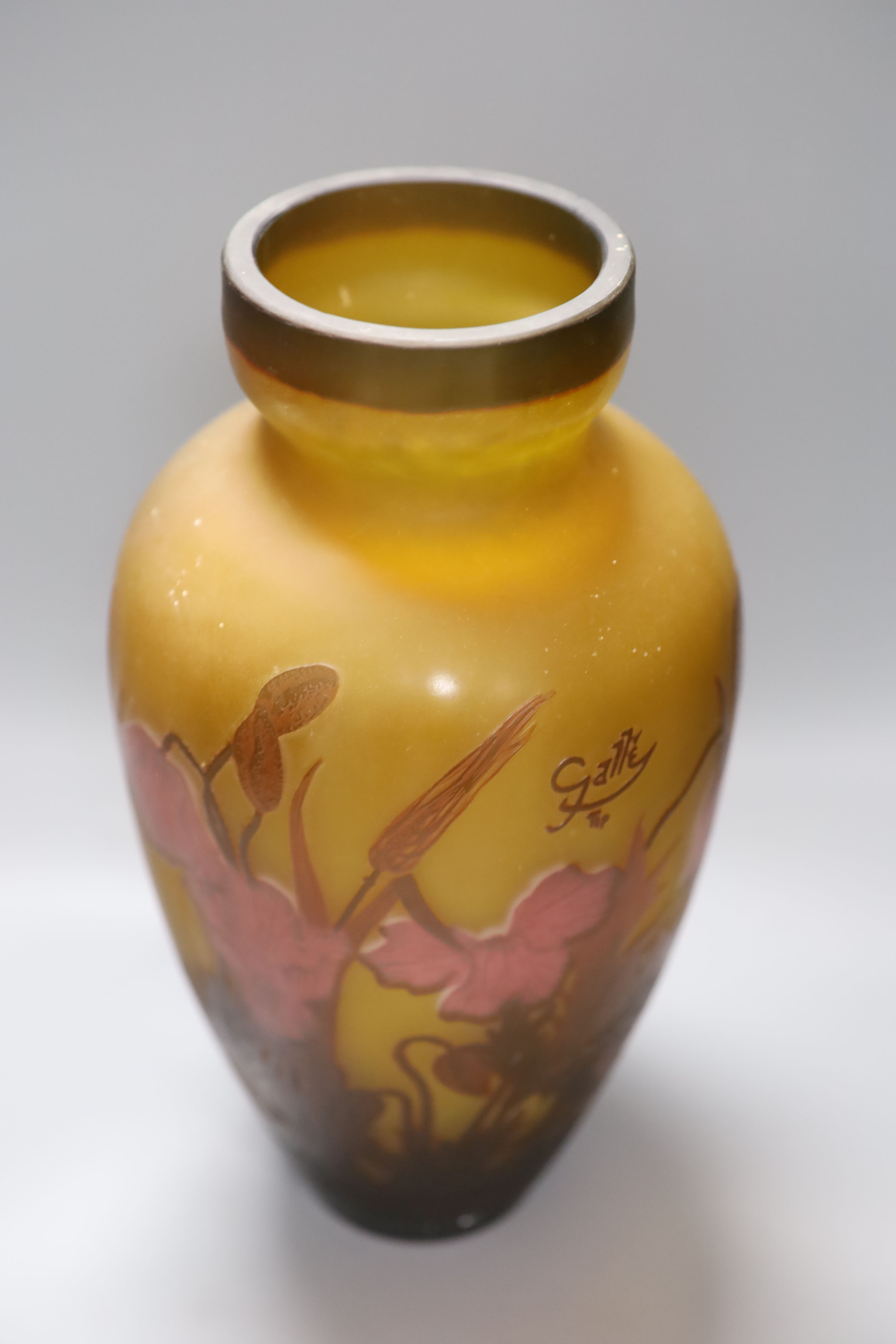 A Galle style glass vase, etched with flowers and leaves, height 33.5cm